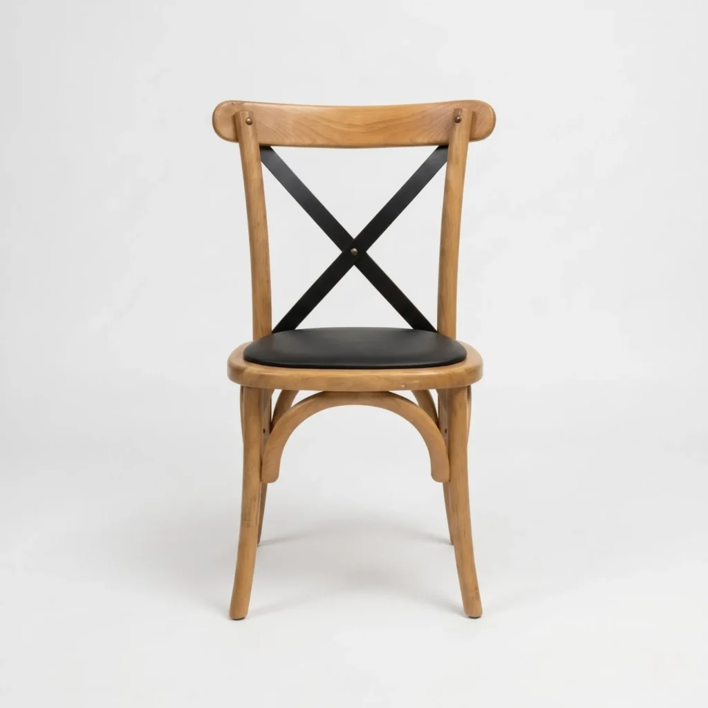 Silla Crossback con cruceta metálica para eventos o restaurantes.