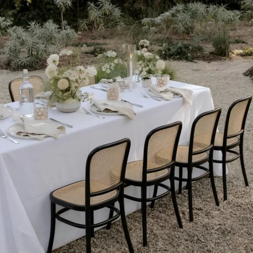 Silla Felissa de resina para eventos. Respaldo en bejuco sintético y asiento tapizado con petatillo sintético. Ideal para interiores como exteriores