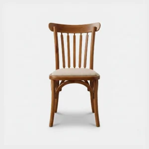 Silla Malinche de madera para eventos. Asiento tapizado con tela o vinipiel, ideal para interiores y áreas techadas.