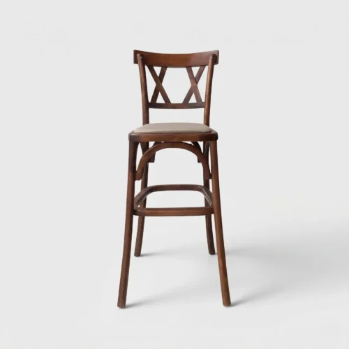 Banco Twoback de madera para barra, estructura de madera con asiento tapizado en tela o vinipiel.