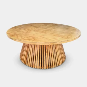 Mesa Circular de madera para eventos. Cubierta redonda en madera de pino, base de madera cilíndrica.
