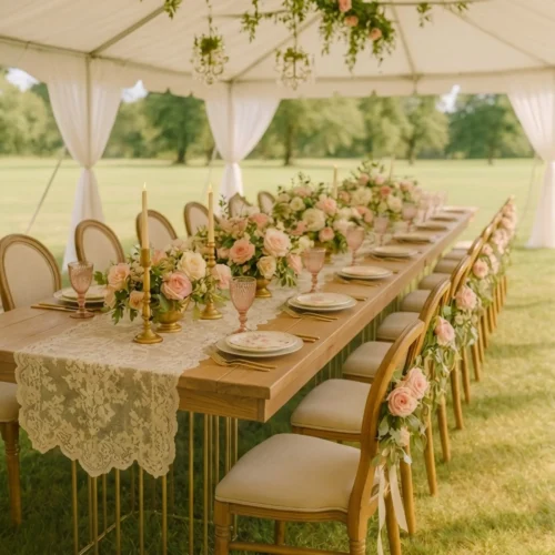 Mesa Mica de madera para eventos. Cubierta rectangular en madera de pino para 8 o 10 comensales.