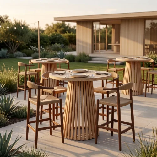 Mesa Periquera Minimalista, estructura en madera de pino. Cubierta redonda y base con listones en forma de cono. Ideal para eventos y bodas de gala.