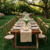 Mesa Portería de Madera para eventos. Cubierta y base en pino sólido. Ideal para bodas campestres o eventos boho-chic.