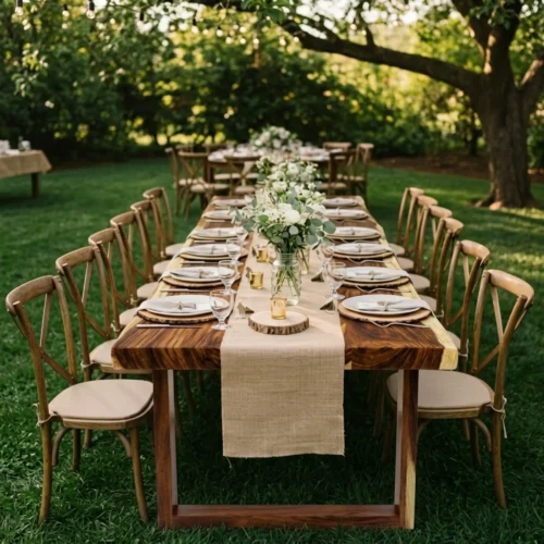 Mesa Portería de Madera para eventos. Cubierta y base en pino sólido. Ideal para bodas campestres o eventos boho-chic.