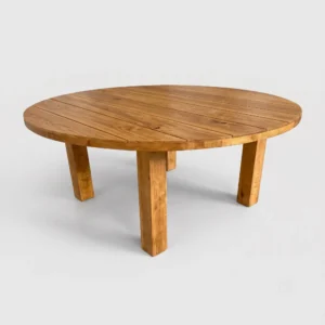 Mesa Redonda de madera de pino para eventos. Base patas cuadradas.