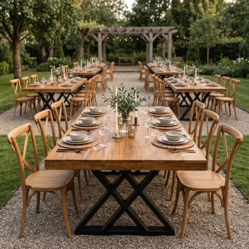 Mesa Rectangular de madera para evento, baso metálica doble x. Ideal para interiores.