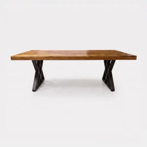 Mesa Rectangular de madera para evento, baso metálica doble x. Ideal para interiores.