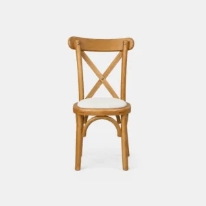 Silla Crossback Infantil de madera de pino para eventos y banquetes. Respaldo en cruceta en X con asiento tapizado.