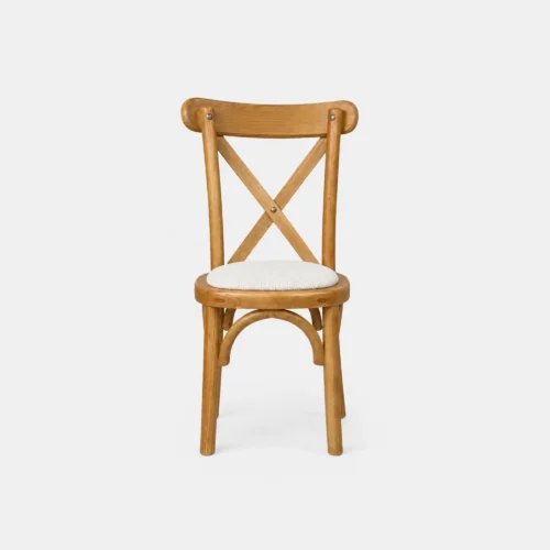 Silla Crossback Infantil de madera de pino para eventos y banquetes. Respaldo en cruceta en X con asiento tapizado.