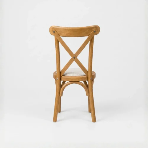 Silla Crossback Infantil de madera de pino para eventos y banquetes. Respaldo en cruceta en X con asiento tapizado.